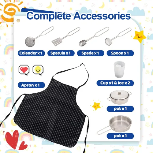 Miniatura 5 de BRINJOY Cocina de Juego de Esquina para Niños, Juego de Cocina de Madera para Niños Pequeños con Grifo, Fregadero, Microondas, Horno, Delantal, Azul
