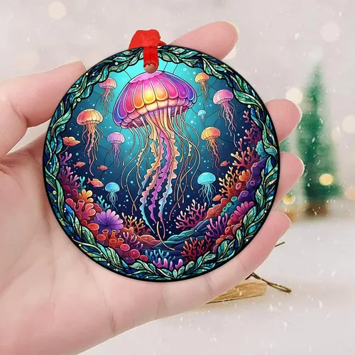 Miniatura 3 de Velyra Adorno de Navidad 2025 – Adorno de cerámica estilo vitral de medusas, decoración bajo el mar para árbol, regalo de arte de vida marina