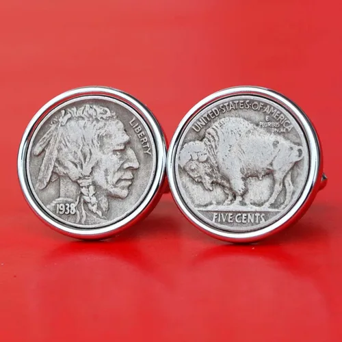 Miniatura 2 de US 1938 Indian Head Buffalo Nickel Coin Silver Plated Cufflinks NEW