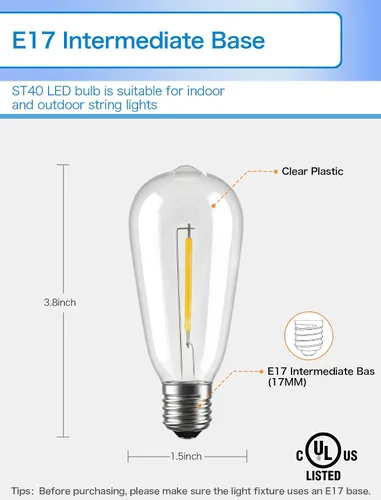 Miniatura 2 de Paquete de 10 bombillas LED, bombillas de repuesto regulables inastillables de 0.6 W, ST40 E17, bombillas de plástico transparente para tira