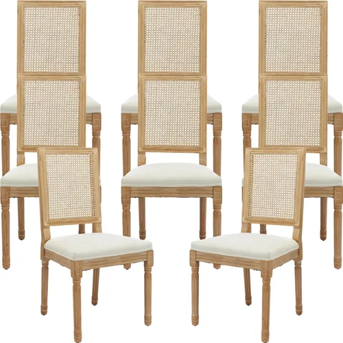 Miniatura 88 de Juego de 2 sillas de comedor de campo francés, sillas de comedor de madera de granja beige, silla de comedor con respaldo tejido con cojín tapizado