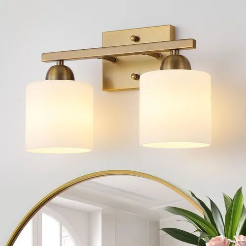 Miniatura 7 de Mecgirn Luces de tocador de vidrio de leche de acero inoxidable para baño, 2 lámparas de baño doradas claras sobre espejo, enchufes E26 de cerámica