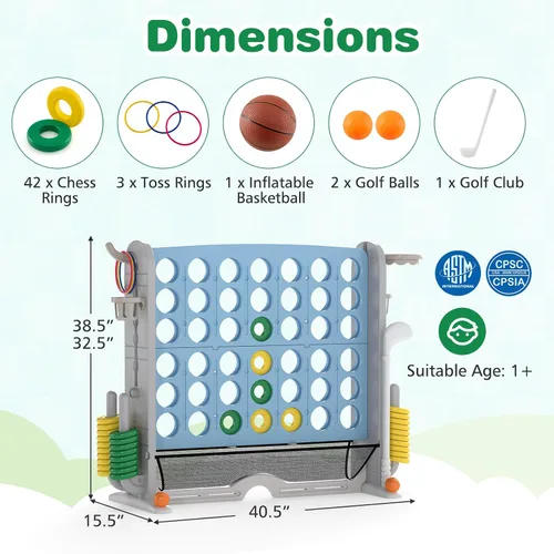 Miniatura 7 de KOTEK Juego gigante de 4 en fila, altura ajustable, juego de patio jumbo de 4 en puntuación con lanzamiento de anillo, baloncesto, golf, bolsillo