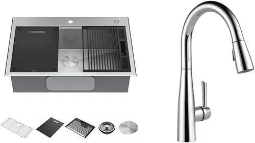 DELTA, Rivet - Lavaplatos de cocina de 33 pulgadas con estación de trabajo, montaje superior, acero inoxidable de calibre 16, cuenco individual +