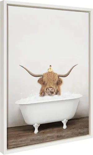 Miniatura 7 de Kate and Laurel Sylvie Highland Cow and Duckling in Rustic Bath - Lienzo enmarcado para pared por Amy Peterson Art Studio; 18 x 24 pulgadas, Natural