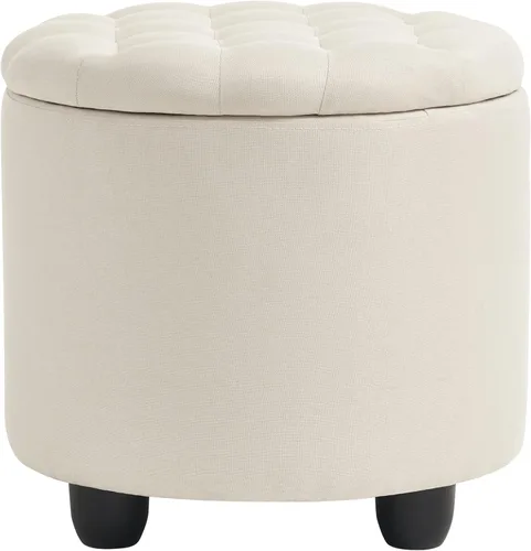 Furnimart Otomana redonda de almacenamiento de 19 pulgadas con tapa cubierta, otomana redonda copetuda con tela de lino de almacenamiento para sala
