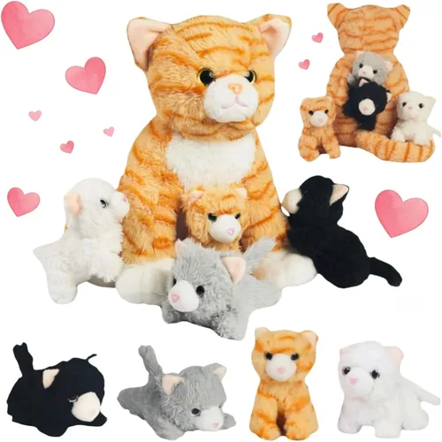5 en 1 Gato de Peluche con Gatitos Bebés, 1 Mamá Gato Naranja de Peluche con 4 Gatitos de Peluche Lindos Juguetes de Gato para Niñas y Niños,