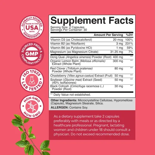 Miniatura 8 de Suplemento completo de menopausia herbaria para mujeres, cápsulas de equilibrio hormonal femenino para sudores nocturnos, sofocos y cambios de humor
