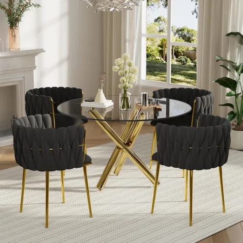 Juego de mesa redonda dorada para 4, juego de mesa de comedor de 39'' con tapa de vidrio transparente, juego de mesa de cocina circular moderna de 5