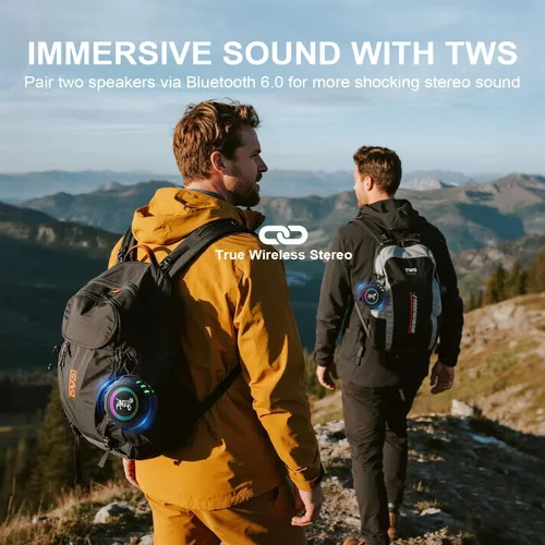 Miniatura 5 de Altavoz Bluetooth inalámbrico, altavoz portátil de dientes azules con IPX6 impermeable, batería de 2500 mAh, emparejamiento TWS, luz RGB, micrófono