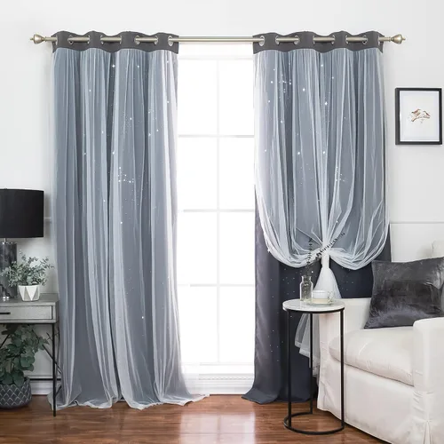 Miniatura 32 de Best Home Fashion Par de cortinas opacas con revestimiento de tul y corte láser, paneles de ventana con ojales plateados para dormitorio, habitación
