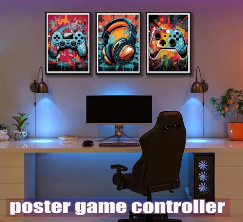 Miniatura 2 de PPV 3 piezas de arte de pared de juegos geniales, pósteres de videojuegos retro en acuarela, imágenes de gamepad de neón colorido, pintura en lienzo