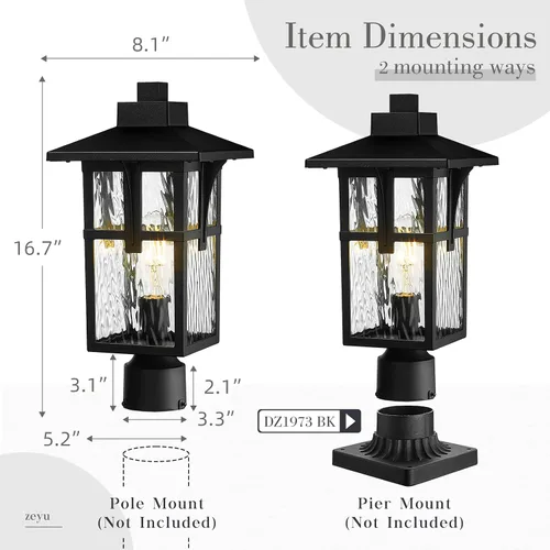 Miniatura 6 de zeyu ZX1P-SW BK - Luz de poste para exteriores de 16.7 pulgadas, lámpara de poste para camino de jardín, aluminio fundido a presión con vidrio