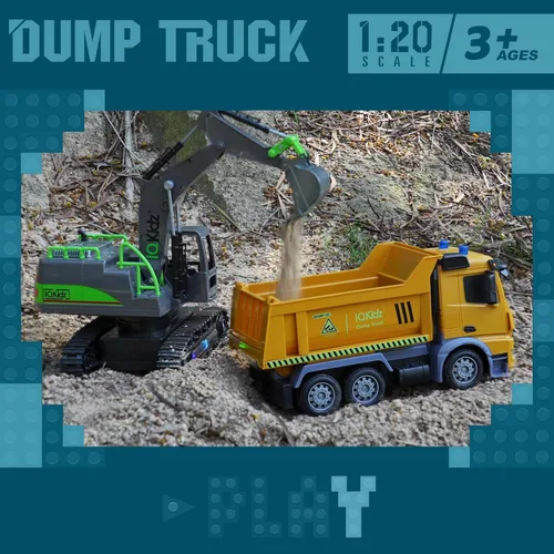 Miniatura 3 de IQKidz Camión volquete de juguete a control remoto – Vehículos de construcción RC con luces de advertencia azules, camiones de juguete para niños