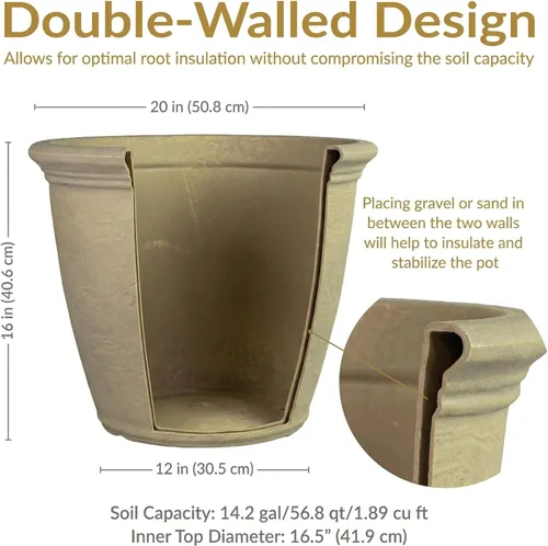 Miniatura 6 de Sunnydaze Anjelica - Maceta grande de plástico de 20 pulgadas para plantas, maceta grande de plástico de doble pared para exteriores con agujeros