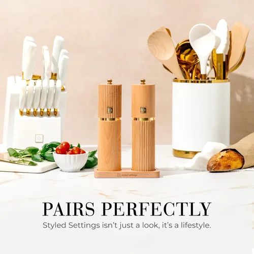 Miniatura 2 de Styled Settings Juego de Molinillos de Sal y Pimienta de Madera con Detalles Dorados – Juego de Molinillos de Sal y Pimienta Manual de Madera Madera