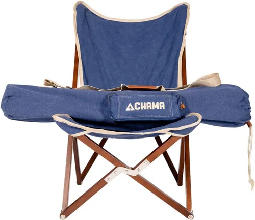 CHAMA Vaquero Heritage - Silla plegable de madera dura oscura y lona de algodón de 20 onzas, accesorios de acero inoxidable de grado marino, bolsa