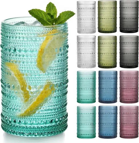 Miniatura 11 de Moretoes Juego de Vasos para Beber Hobnail de 12, Vasos Altos de 12 Oz Transparentes con Relieve Embosado Estilo Boho, Vasos de Agua para Cocina