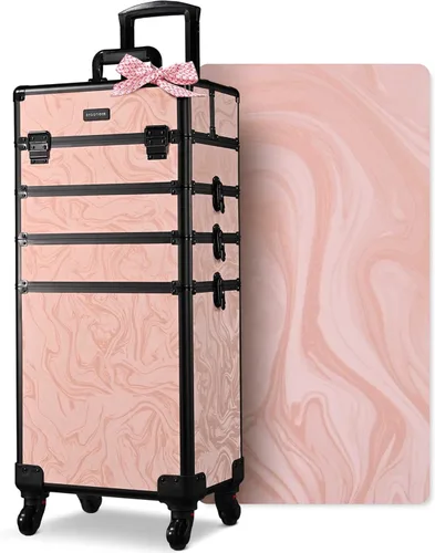Miniatura 50 de BYOOTIQUE estuche rodante para maquillaje 4 en 1, con cerradura, maletín tipo trolley para cosméticos, con 4 ruedas extraíbles, organizador de viaje