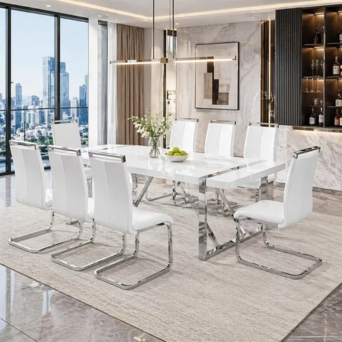 Miniatura 33 de Mesa de comedor Ebullient para 4, mesa de comedor rectangular negra de MDF, tapa de mesa de cena de mármol falso, mesa de comedor moderna con marco