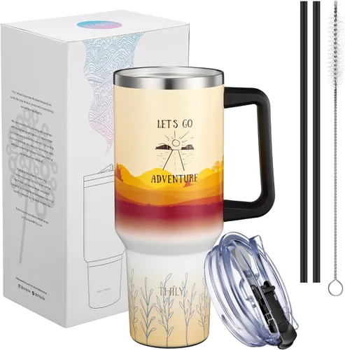 Miniatura 4 de THILY Vaso de 40 onzas de acero inoxidable con asa - Taza de viaje con aislamiento al vacío, tapa a prueba de salpicaduras y a prueba de fugas, 2