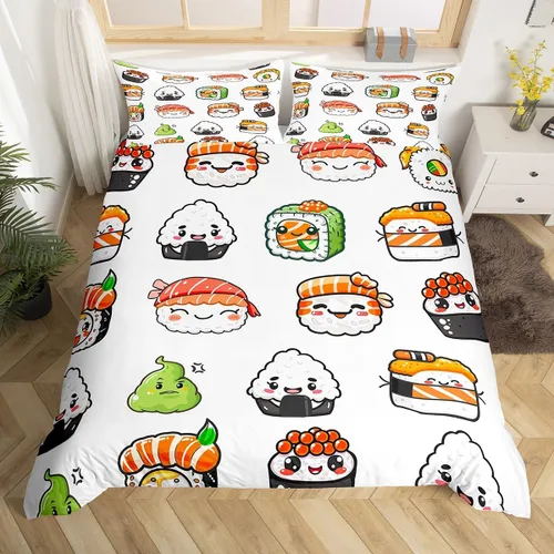 Miniatura 3 de Feelyou Juego de ropa de cama con patrón de sushi, funda de edredón de estilo japonés para niños, niñas, adolescentes, funda de edredón con temática