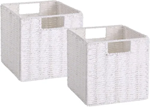 Miniatura 12 de VAGUSICC - Canastas de almacenamiento tejidas a mano, juego de 2, con asas, plegables, tipo cubo, de 13 pulgadas, grandes, de mimbre, para estantes