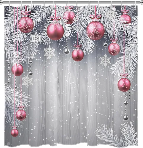 Miniatura 6 de LB Pink Christmas Shower Curtain Sets with Rugs Snowflake and Fir Twigs with Xmas Ball on Rustic Grey Wood Fabric Shower Curtain with Hooks Winter