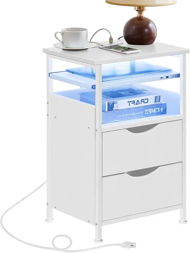 Miniatura 2 de Mesa auxiliar con estación de carga, mesa auxiliar estrecha con 2 cajones, mesita de noche con luz LED de 7 colores, mesita de noche delgada