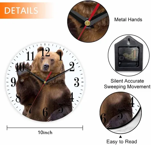 Miniatura 2 de Mxocom Reloj de pared con diseño de oso con texto en inglés "The Brown Bear Welcomes and Waves a Paw de 10 pulgadas, silencioso, sin tictac