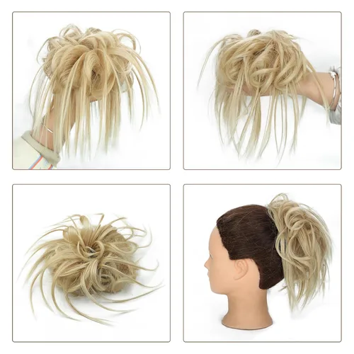 Miniatura 2 de Lativ Extensión de moño desordenado con coletero, recogido, ondulado, rizado, moño sintético para mujeres y niñas (rubio ceniza y rubio decolorado)