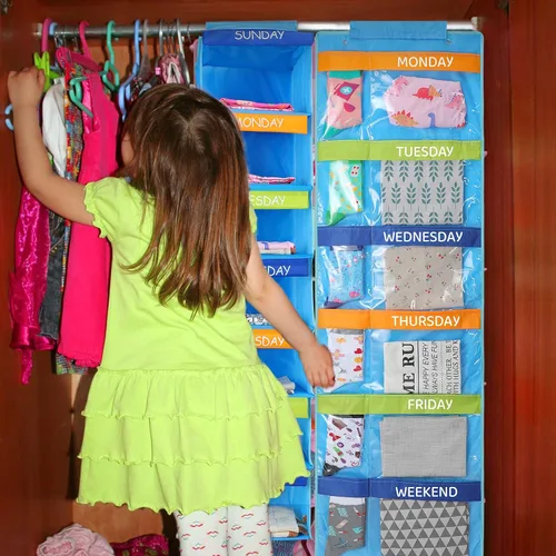 Miniatura 5 de Woanger Organizador semanal de ropa colgante para niños, 2 unidades, 11.8 x 11.8 x 48 pulgadas, estante para actividades diarias, organizador