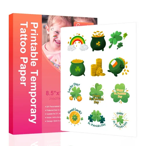 St.patrick'sday - Papel de tatuaje temporal imprimible para impresora INKJET, 8.5 x 11 pulgadas, 5 hojas de tatuajes impermeables personalizados
