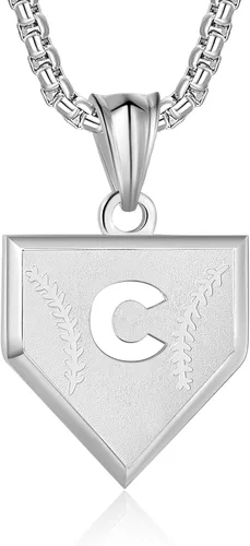 Miniatura 31 de Collar con inicial de la A a la Z para niños, de acero inoxidable, con dije de escudo de letra, cadena de 22 + 2 pulgadas, inspirador de béisbol