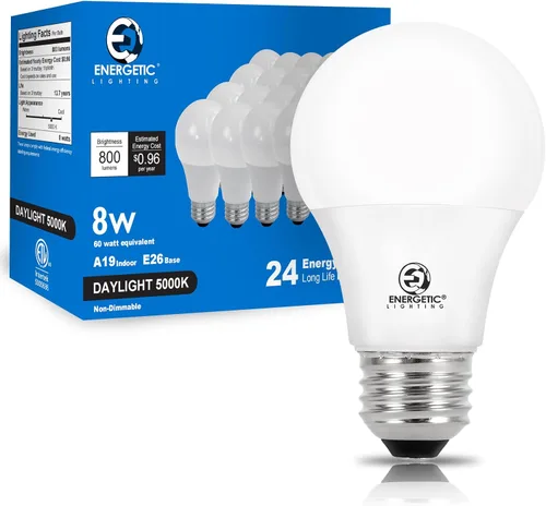 Bombillas Energetic Light Equivalentes a 60 Vatios, Bombillas LED de Luz Diurna A19, 15000 Horas Base E26, Bombilla de 8W 800LM 5000K, Certificado