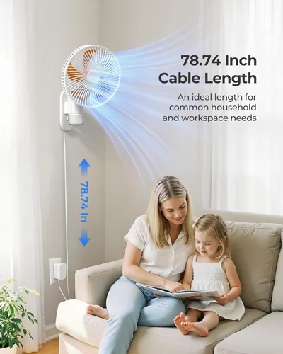 Miniatura 7 de Airbition Ventilador pequeño de montaje en pared de 10 pulgadas con luz y control remoto, oscilación de 90°, 4 velocidades, temporizador, inclinado