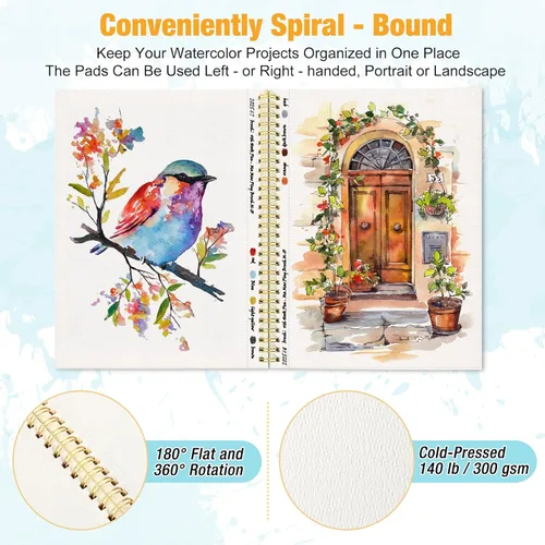 Miniatura 3 de Bloc de papel de acuarela de 9 x 12 pulgadas, encuadernado en espiral con línea de desgarro, 24 hojas (140 libras/10.58 oz): suministros de arte
