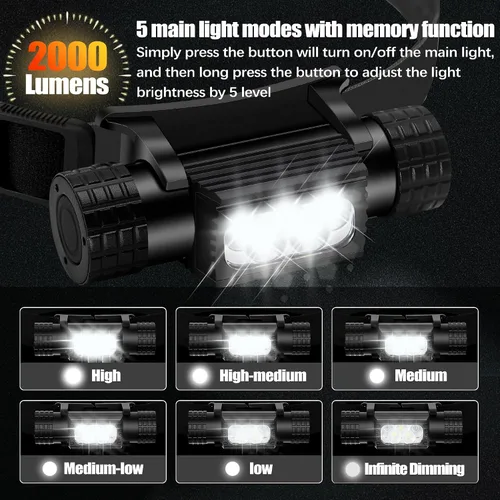 Miniatura 2 de Linterna frontal recargable, 2000 lúmenes, lámpara LED súper brillante para adultos, IP67 impermeable recargable con 9 modos, linterna de cabeza