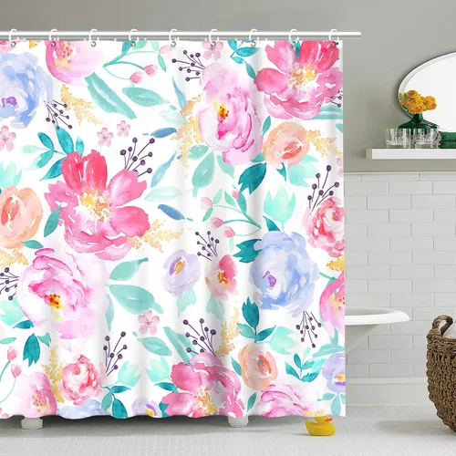 RosieLily Cortinas de ducha florales rosas para baño, cortina de ducha de flores de acuarela para niñas, juego de cortina de ducha con ganchos,
