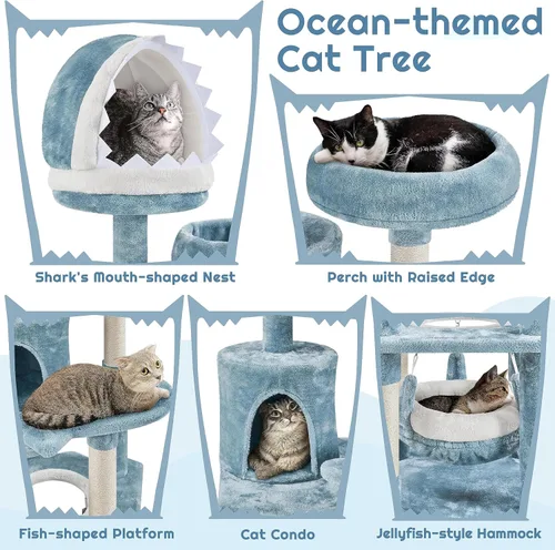 Miniatura 3 de Yaheetech Árbol para gatos con temática oceánica de 61 pulgadas de alto, torre para gatos de varios niveles con nido en forma de boca de tiburón