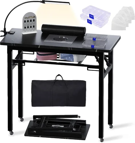 Miniatura 11 de Mesa de manicura plegable portátil con colector de polvo, escritorio de tecnología de uñas rodante con lámpara LED, reposamuñecas, ruedas