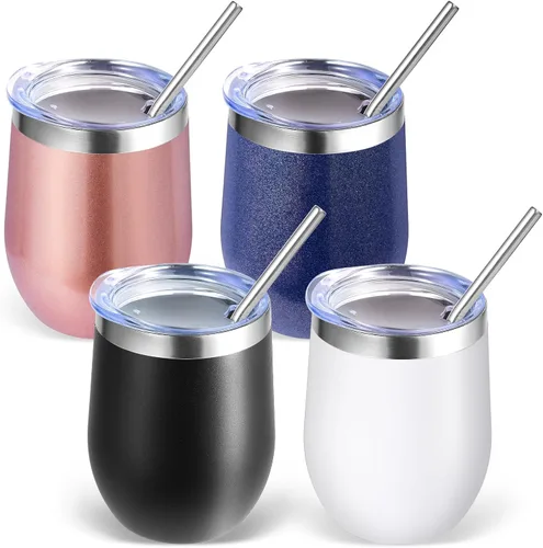 Miniatura 28 de Volhoply - Juego de 12 vasos de vino de 12 onzas con tapa, hechos de acero inoxidable con aislamiento al vacío de doble pared, vasos de vino sin Rosa