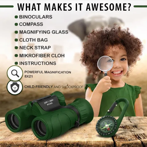 Miniatura 36 de Binoculares para niños – Juguete perfecto para niños pequeños y niñas – Juego extenso que incluye lupa y brújula – Potente aumento 8 x 21 – niños
