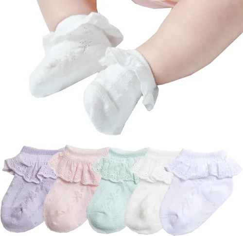 EPEIUS - Calcetines con detalle de vuelo de encaje y ojales para recién nacidos, bebés y niñas pequeñas (paquete de 2346)