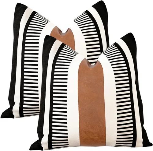 Miniatura 28 de Funda de almohada bohemia de color blanco y negro con piel, funda de cojín moderna de 22 x 22 pulgadas, funda de almohada de rayas estilo campestre