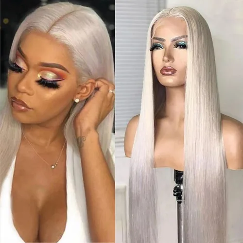 Miniatura 3 de Missyvan - Peluca de encaje frontal de color de cabello blanco, Pelucas de pelo largo y liso Rubio platino, Cabello de fibra resistente al calor