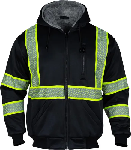 Miniatura 2 de VENDACE Sudadera con capucha para hombre, ANSI Clase 3, alta visibilidad, reflectante, de lana, con cremallera, con parte inferior negra (negro, 3XL)