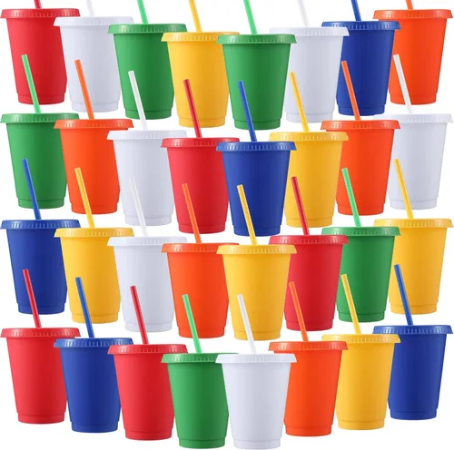 Miniatura 7 de Sieral Paquete de 60 vasos con tapas y pajillas, vasos para niños con pajilla, botella de agua reutilizable, taza de viaje para café helado, vasos