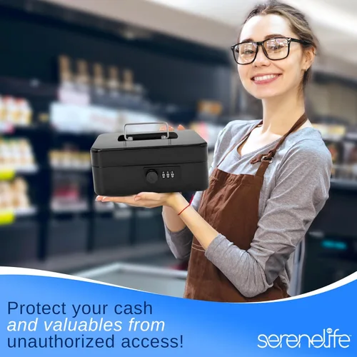 Miniatura 7 de Serenelife Caja de metal de 8 pulgadas con cerradura Caja de seguridad para efectivo con bandeja de dinero 5 cajones con cerradura Bandeja