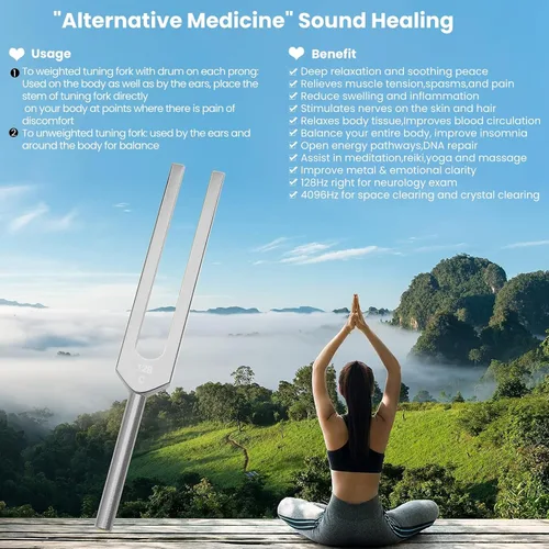 Miniatura 6 de Juego de 4 diapasones médicos para sanación con sonido (128Hz, OM 136.1Hz, MI 528Hz, 4096Hz), diapasón de chakra solfeggio para meditación